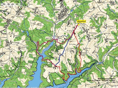 GTW-10.11.18 - Strecke  Das sind die beiden Wanderstrecken 7 km (blau) + 11 km (rot).